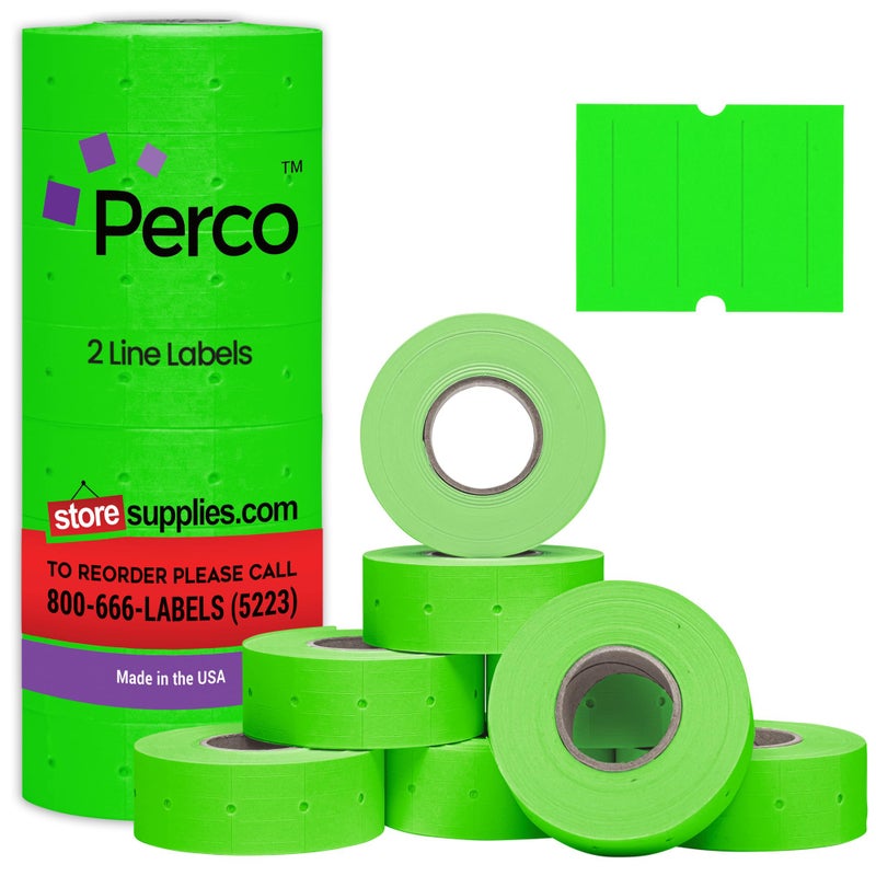 Perco 2 Line Fluorescent Green Labels - 8 Rolls, 1 Sleeve, 6,000 Blank Price and Date Gun Labels for Perco 2 Line Price and Date Guns - Made in USA - Image 1
